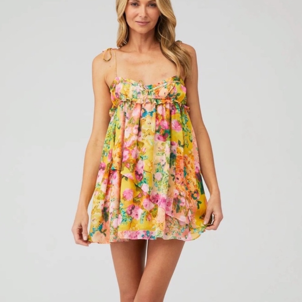 For Love And Lemons Floral Mini Dress - Yellow and Pink